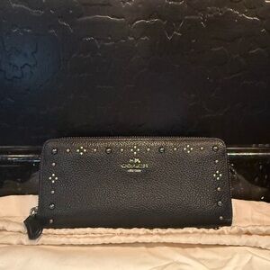 Coach Daisy Studded Black Leather Zip Wallet.  Mixed metal hardware.